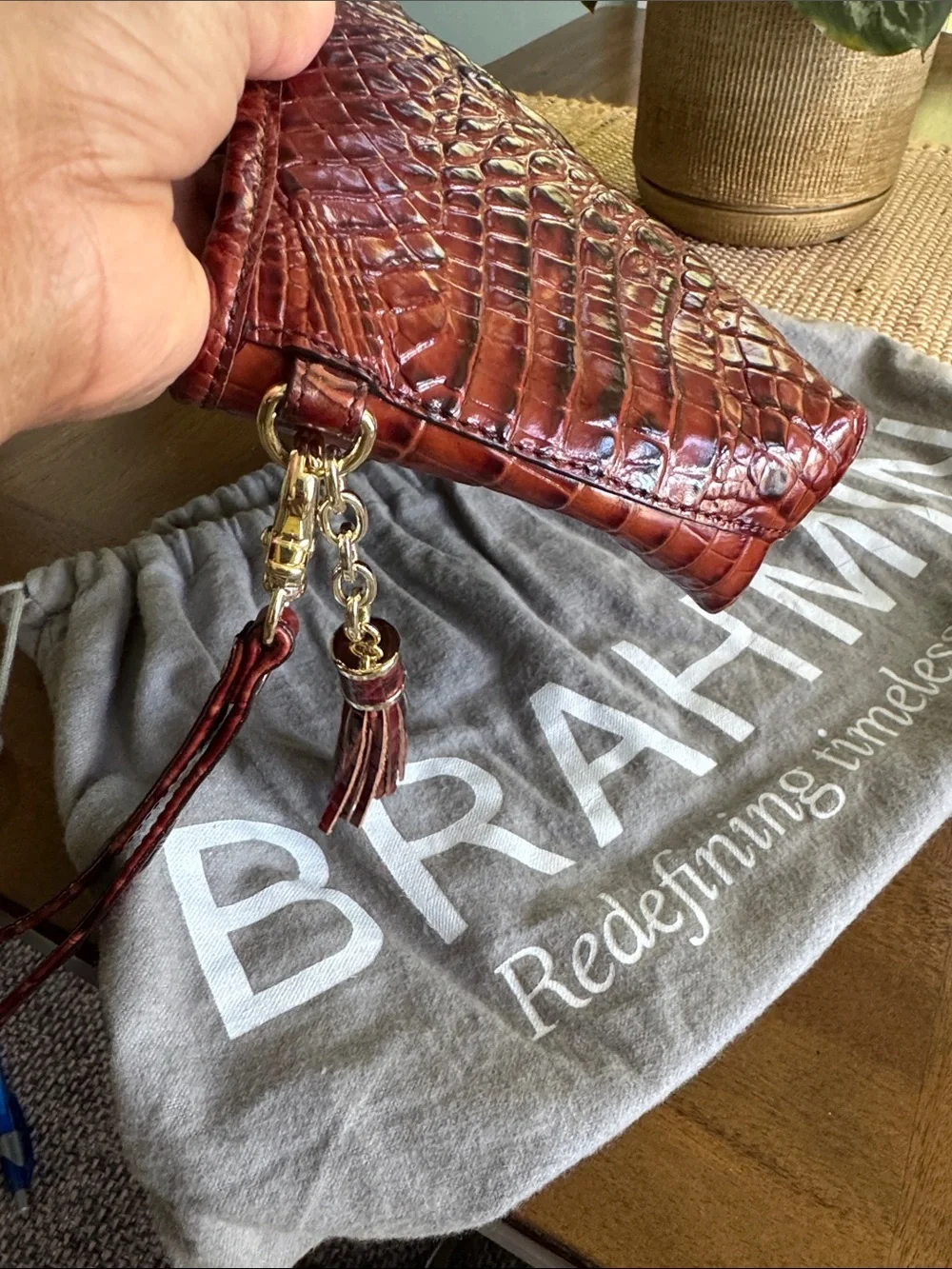 Brahmin Deep brown Croc-Embossed Leather Wristlet/ clutch bag